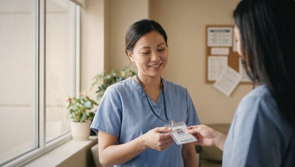 A new nurse receiving a hospital ID badge on the first day