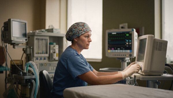 A nurse anesthetist in a surgical cap at the head of an operating table monitoring anesthesia equipment