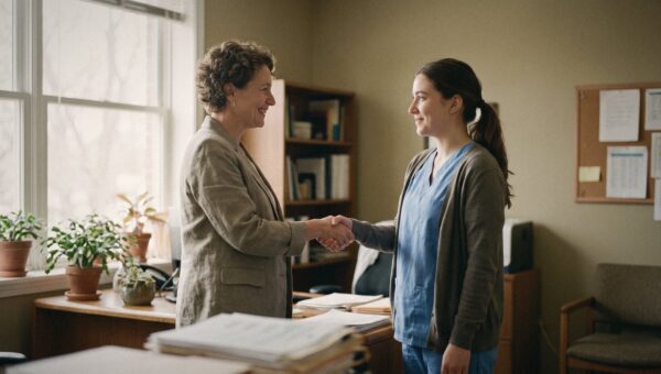 A hospital HR manager shaking hands with a new nurse hire in an office