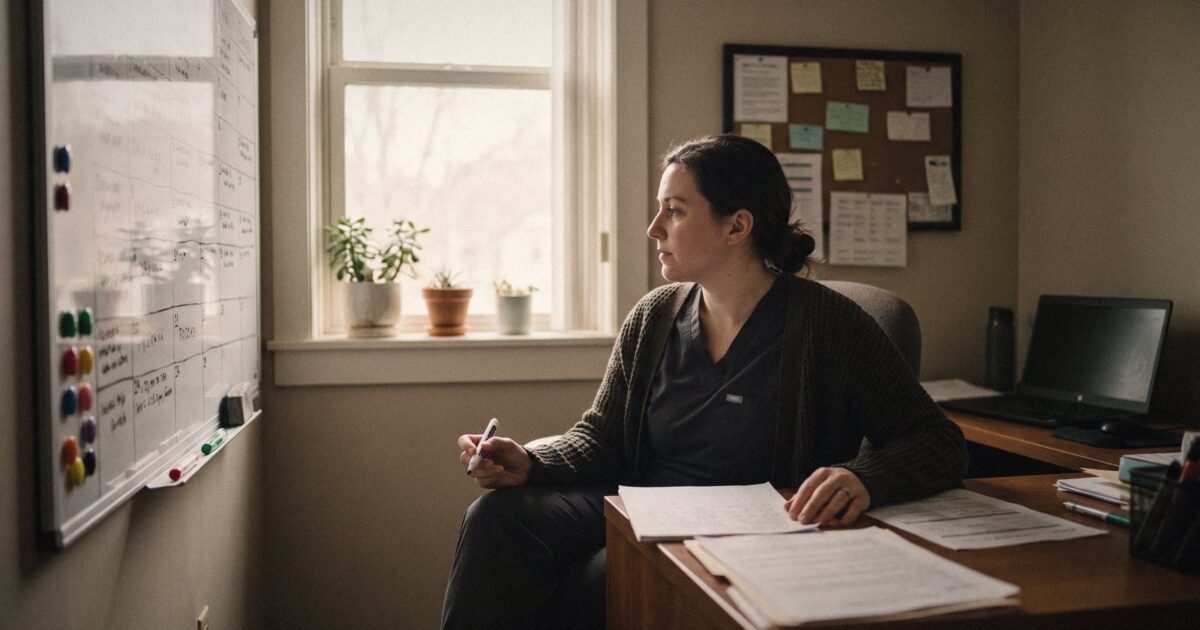 A nurse manager in her small office planning staffing schedules on a whiteboard, text unreadable