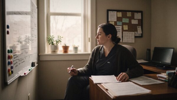 A nurse manager in her small office planning staffing schedules on a whiteboard, text unreadable