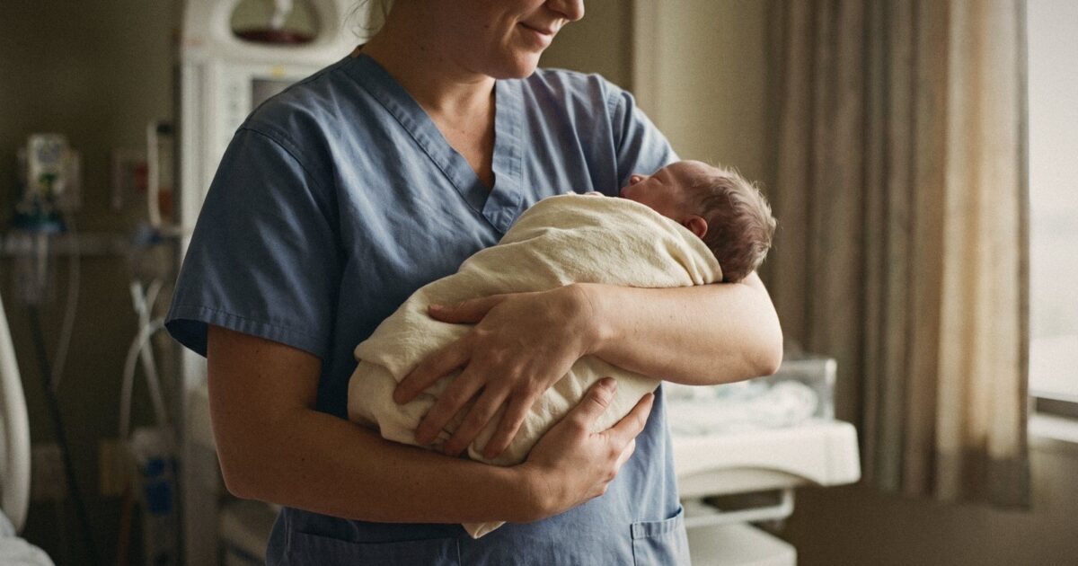 A nurse in a maternity ward gently holding a swaddled newborn