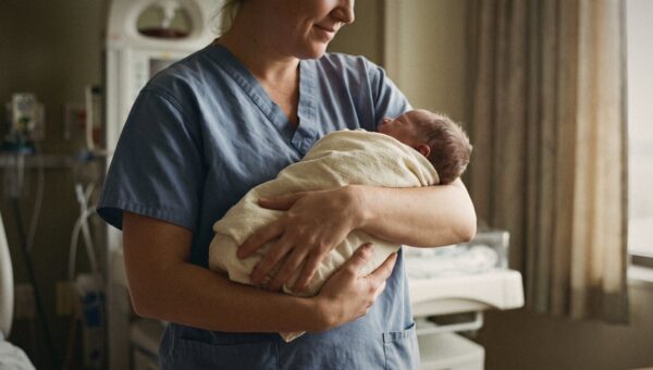 A nurse in a maternity ward gently holding a swaddled newborn