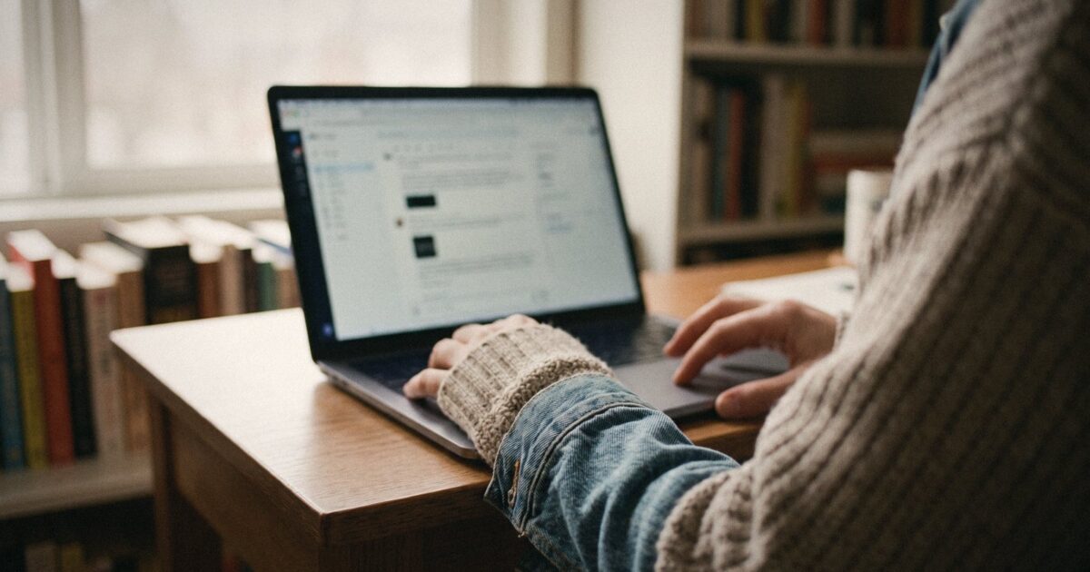 Over-the-shoulder view of a recruiter scrolling a list of candidates on a laptop, screen blurred