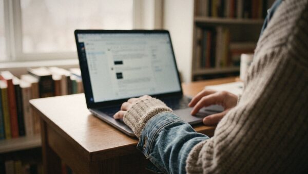 Over-the-shoulder view of a recruiter scrolling a list of candidates on a laptop, screen blurred